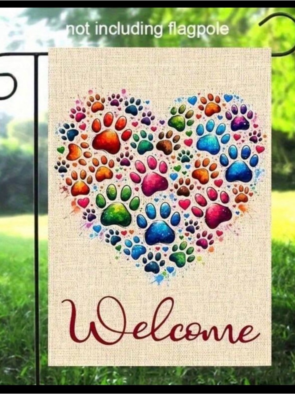Welcome Paw Print Heart Garden Flag - Colorful Pet Paw Design